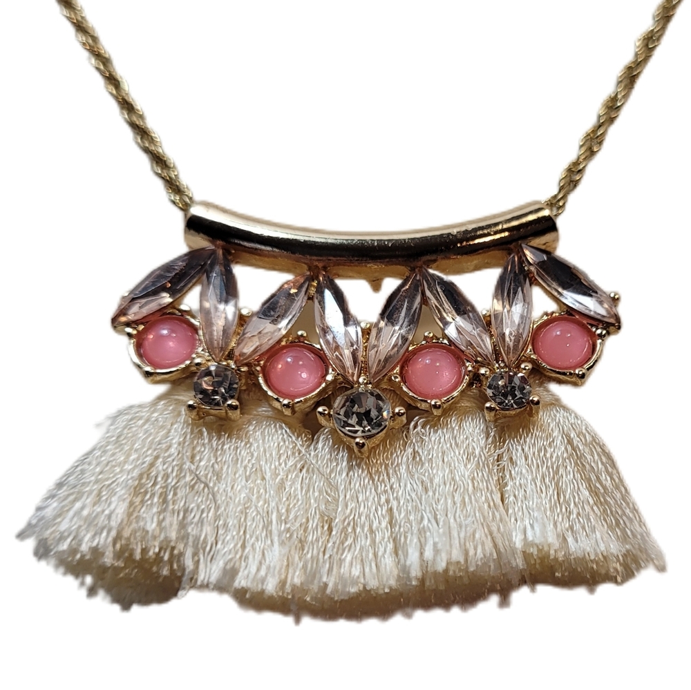 Vintage Gold Tone Long Necklace 4 Tassels Topped with Pink and Clear Beads - Picture 1 of 6